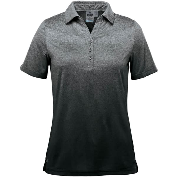 A women's polo shirt featuring a gradient design in shades of grey, with a collar and buttons, and a logo.