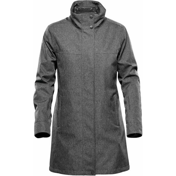 A women's jacket in a grey fabric with a high collar and button closures, featuring a logo on it.