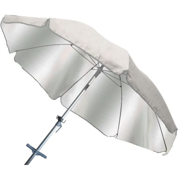 A large silver beach umbrella with a metal pole and adjustable height, featuring eight segments and a sturdy base.