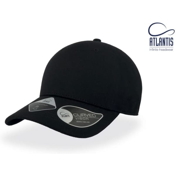 A black cap with a curved visor and a branding logo attached. The cap is styled as a sports accessory.