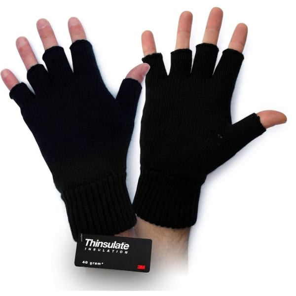 Fingerless gloves in black, featuring ribbed cuffs and a tag indicating Thinsulate insulation.