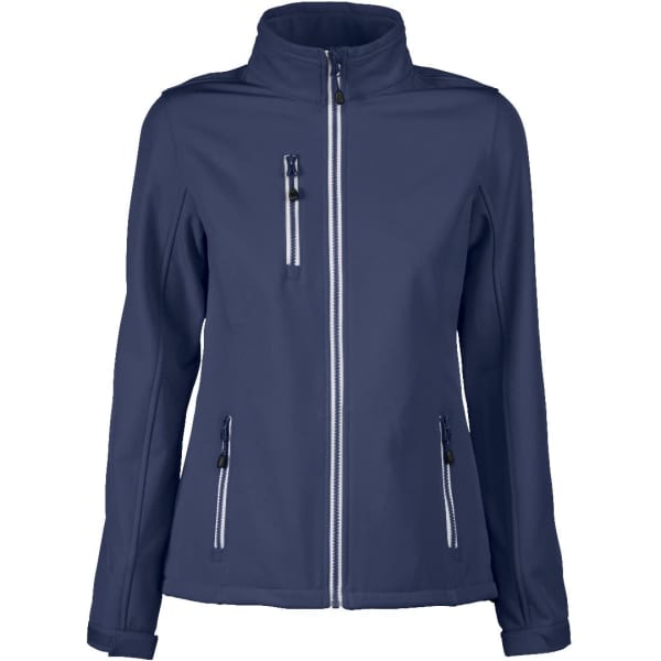A navy ladies softshell jacket with a zip front, zippered pockets, and a high collar. It features a branding logo.