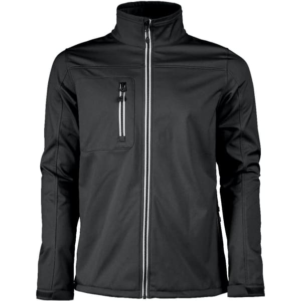 A black softshell jacket with a zip front and a chest pocket. It features a branded logo.