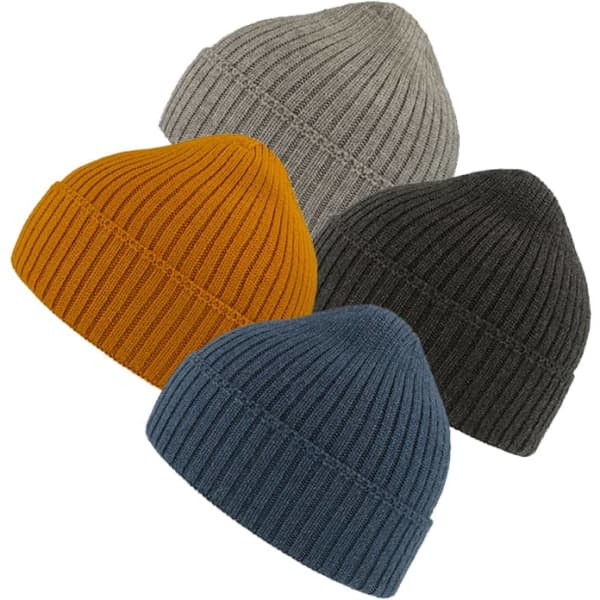 Four knitted beanies in grey, mustard yellow, dark green, and blue, featuring a ribbed texture. Each has a logo.