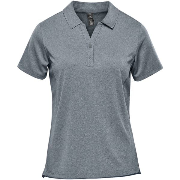 A women's short-sleeve polo shirt in a textured grey colour with a collar and three-button placket.