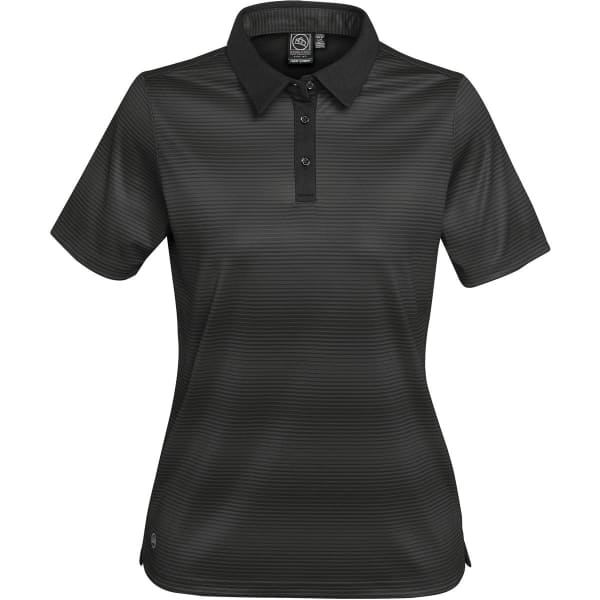 A women's polo shirt in black with a textured stripe design, featuring a collared neck and button placket.