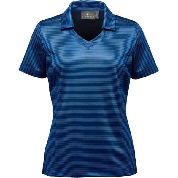 A blue striped women's polo shirt with a v-neck and short sleeves. The shirt features a logo.