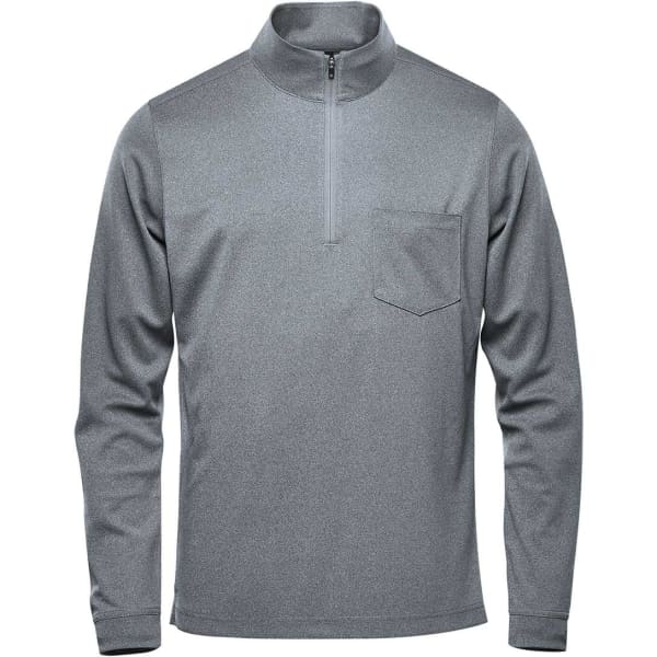 A men's grey pullover jumper featuring a quarter zip and a chest pocket, with a brand logo.