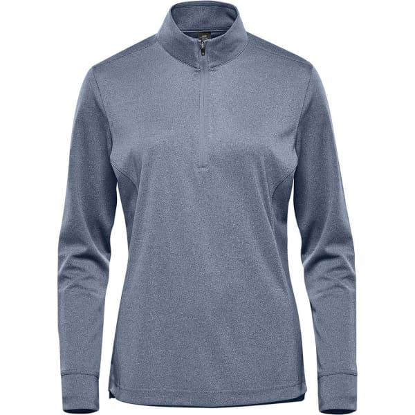 A women's quarter-zip jumper in blue, featuring a collar and long sleeves with a small logo.