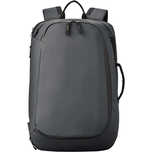A dark grey backpack with dual adjustable straps and a logo. Zippered compartments are visible on the front.