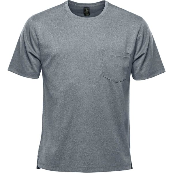 A grey men's short-sleeve T-shirt featuring a pocket and a logo.