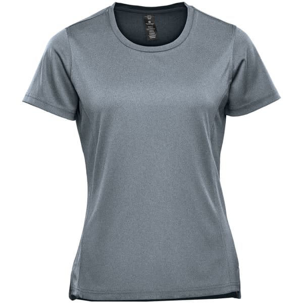 A grey short-sleeve women's T-shirt with a fitted design and a logo on the label.