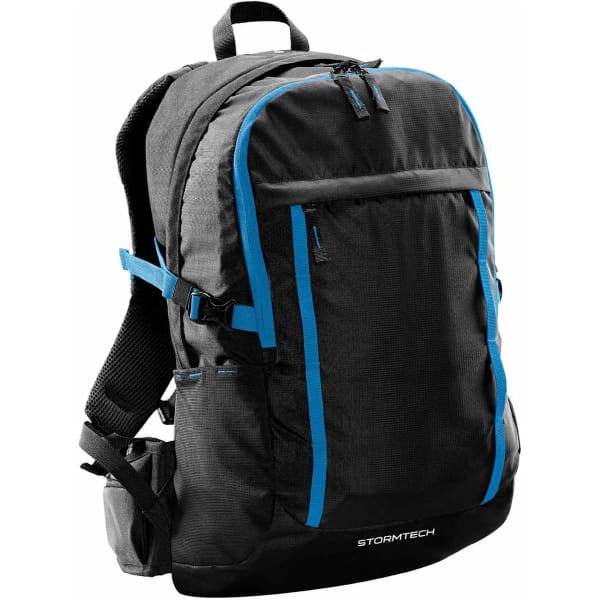 A black backpack with blue accents, featuring multiple compartments and an adjustable strap. Includes a branding logo.