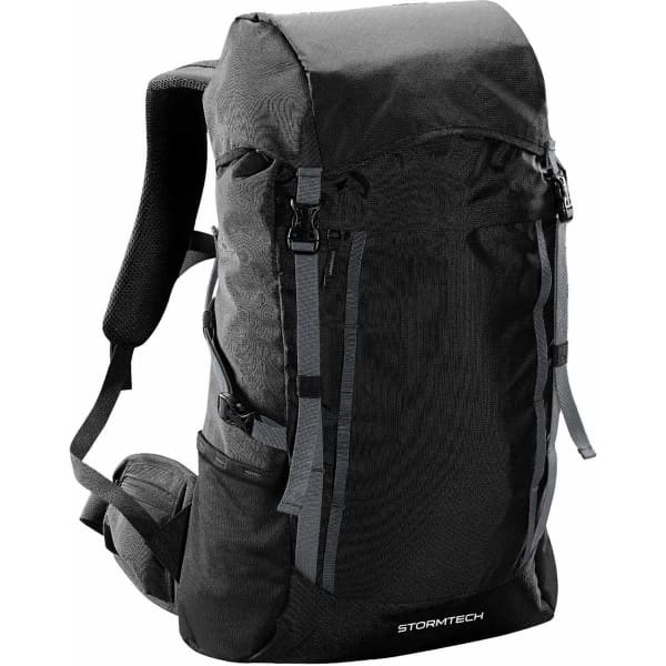 A black and azure blue backpack with adjustable straps and a logo on the front. It features a sleek design.