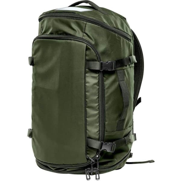A green duffel pack featuring multiple compartments and zippers, with adjustable straps and a logo.