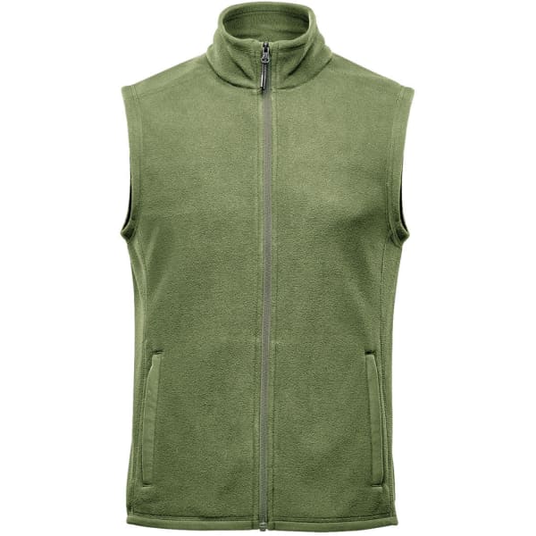 A green fleece vest with a high collar and zip closure, featuring side pockets and a brand logo.