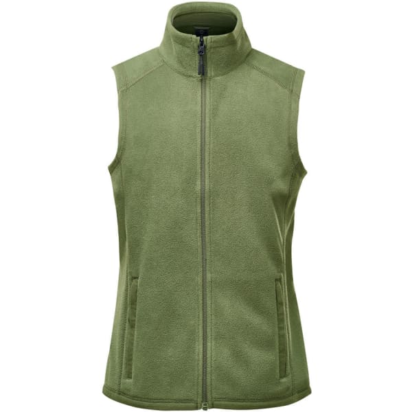 A green fleece vest with a high collar, featuring a front zip and side pockets. It has a branding logo.