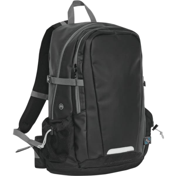 A black waterproof backpack with adjustable straps and side mesh pockets, featuring a logo.