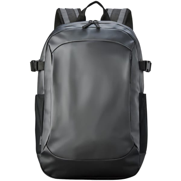 A sleek black backpack featuring padded shoulder straps and side pockets, with a logo on the front.