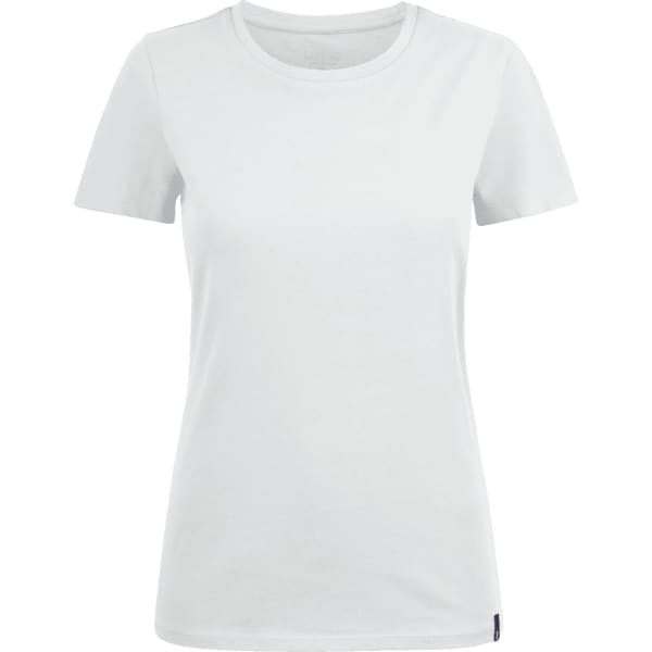 A light grey crewneck T-shirt for women with short sleeves. It features a logo on the side.