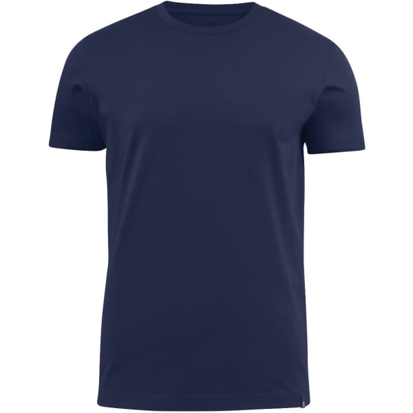 A navy blue men's crewneck t-shirt with a brand logo at the hem. Simple design, suitable for casual wear.