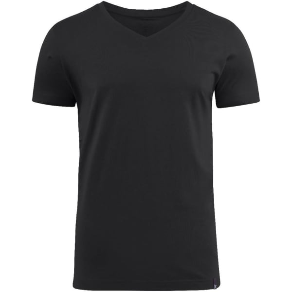A black V-neck T-shirt featuring short sleeves and a subtle logo at the hem.