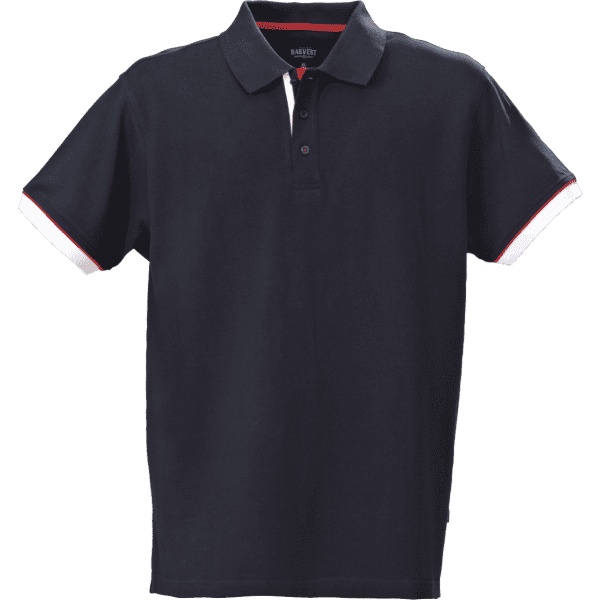 A navy blue men's polo shirt with contrasting white and red details on the collar and sleeves. Features a logo.
