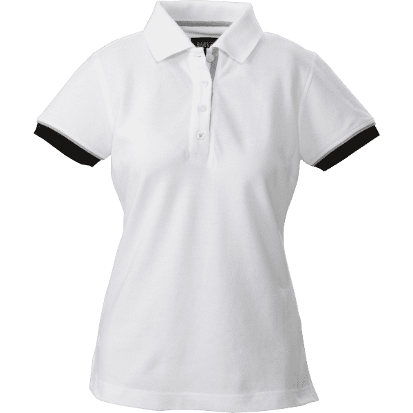 A ladies' polo shirt in white with black accents on the sleeves, featuring a collar and buttons.