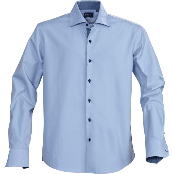 A light blue button-up shirt featuring a collar and long sleeves, with a logo on the chest.