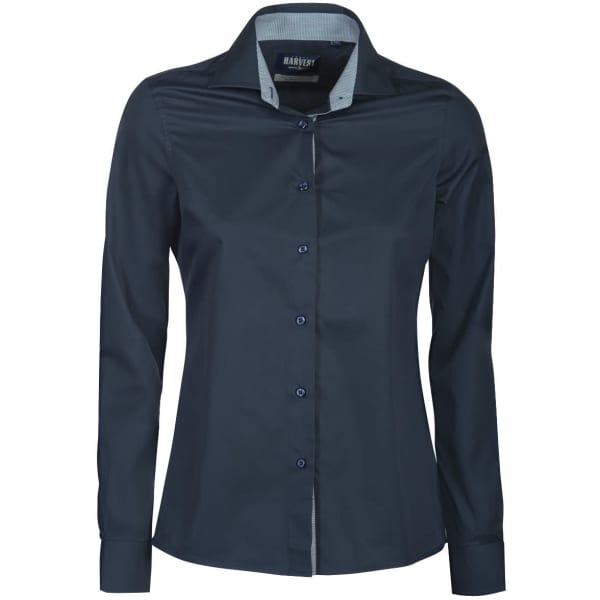 A dark navy button-up shirt for women with long sleeves and a contrasting inner collar. Features a logo.