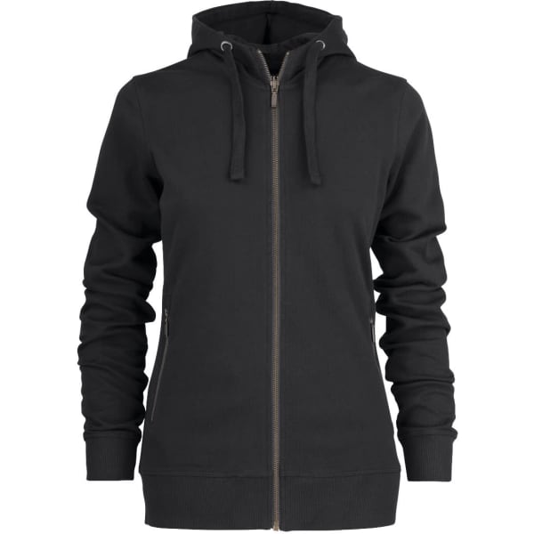 A black hooded jacket with a zip front and two pockets, featuring a logo. Ideal for casual wear.
