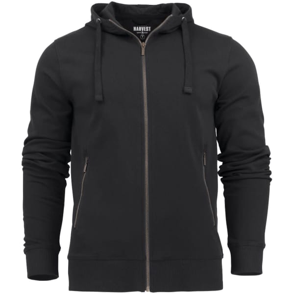 A black hooded jacket featuring a zip front and side pockets, complete with a logo on the chest.