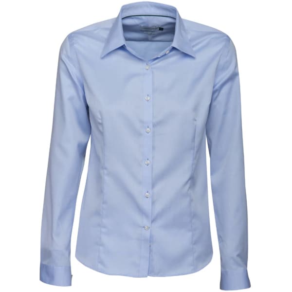 A light blue ladies' button-up shirt with a collar and long sleeves, featuring a logo on the chest.
