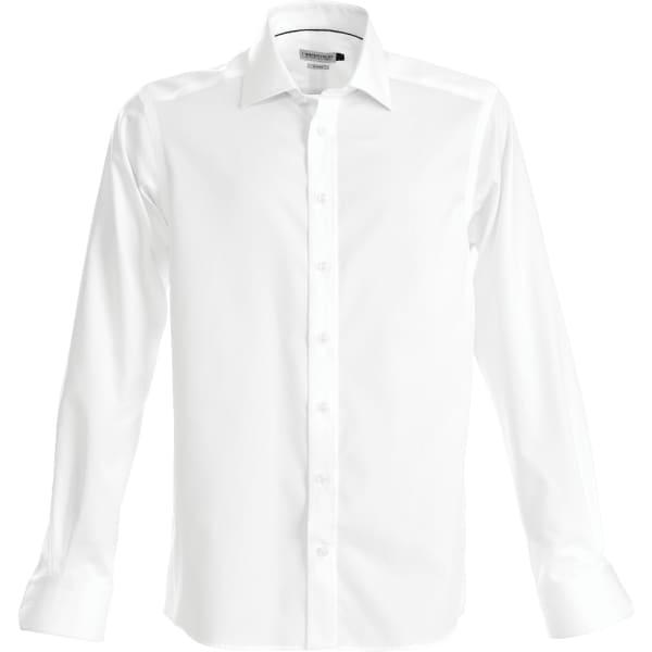 A white button-up shirt with long sleeves and a collar, featuring a logo on the label.