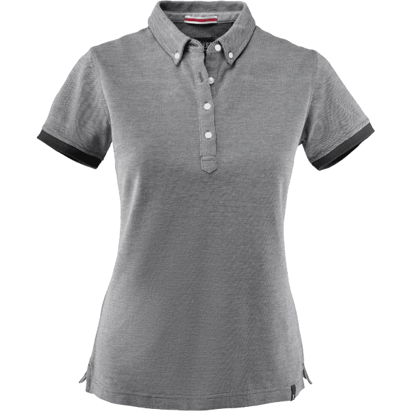 A grey ladies' polo shirt with a collar and buttoned placket, featuring contrasting black cuffs and a logo.