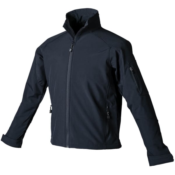 A black softshell jacket with a high collar and zippered pockets, featuring a logo on the sleeve.