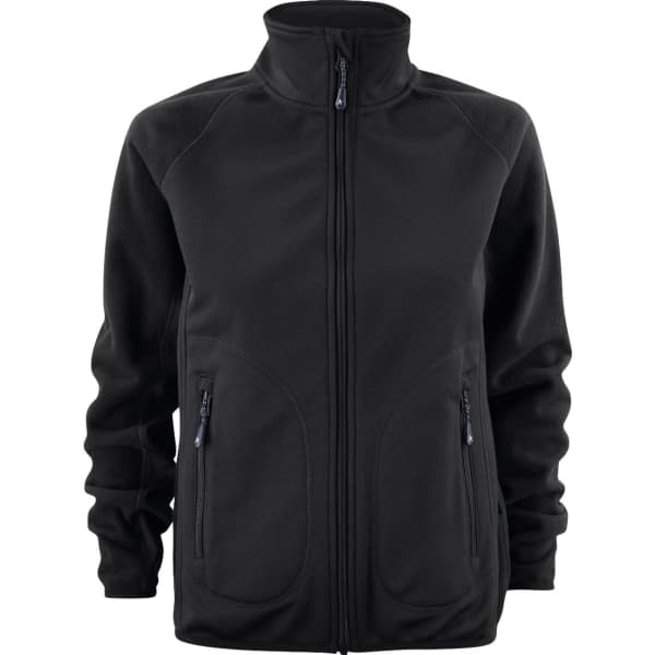 A black soft shell fleece jacket with a zippered front and two side pockets. Features a logo on the front.