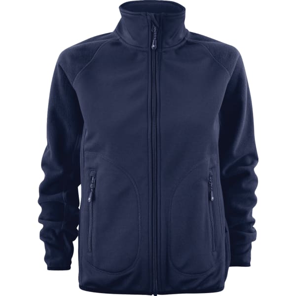 A navy fleece jacket with long sleeves, zip front, and two front pockets. It features a logo on the garment.