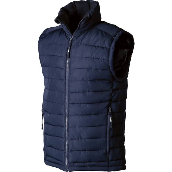 A navy unisex padded vest featuring a high collar and zippered side pockets. It has a logo on the front.