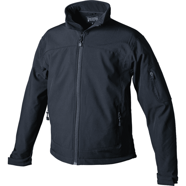 A men's softshell jacket in black with zippered pockets and a stand collar. Features a logo on the arm.