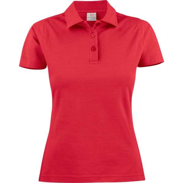 A red polo shirt for women with a collared neckline and three-button front, featuring a logo.
