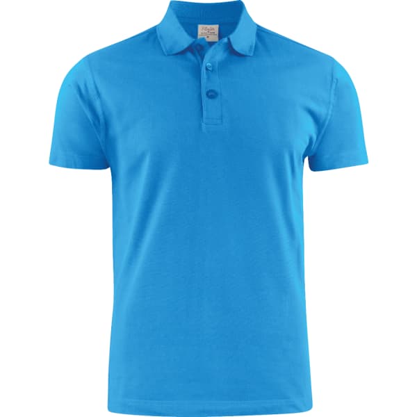 A blue men's polo shirt featuring a collar, short sleeves, and a button placket. It has a branding logo.