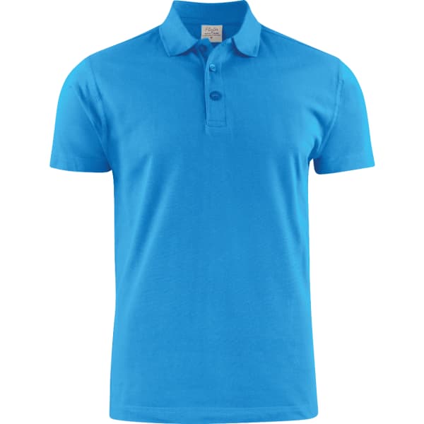 A bright blue cotton polo shirt featuring a collar and a logo. Suitable for casual wear.