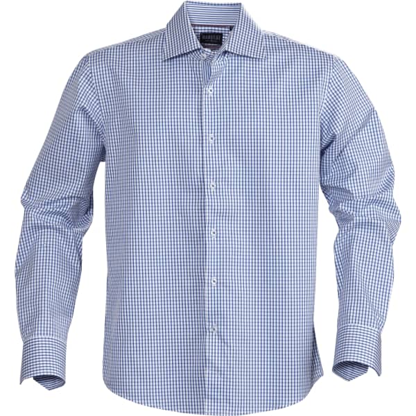 A blue and white checkered button-up shirt with long sleeves and a collar, featuring a logo.