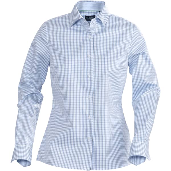 A button-up shirt featuring a blue and white gingham pattern, tailored for ladies, with a branded logo.