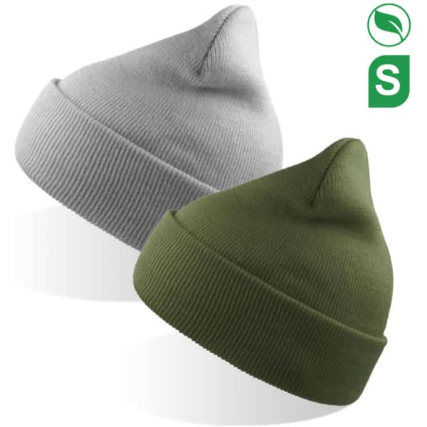 A grey and an olive green recycled polyester beanie, both featuring a logo, displayed together.