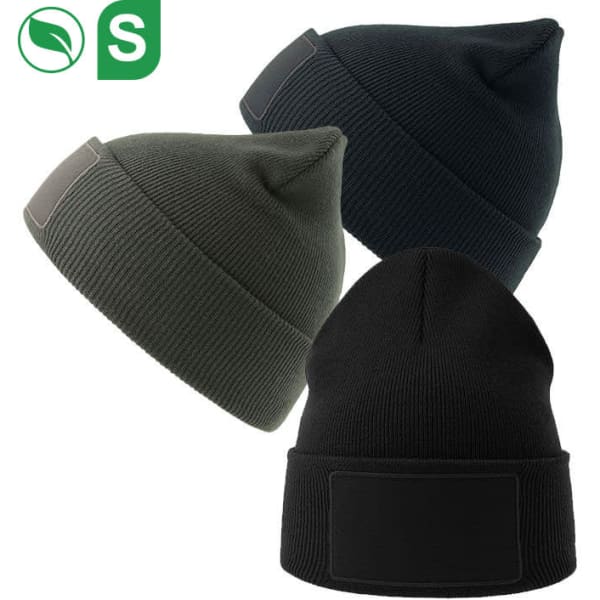 A set of three beanies in black, olive green, and dark grey, each featuring a patch.