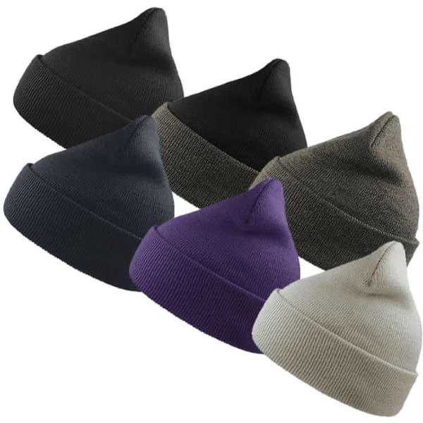 A collection of six beanies in black, green, purple, olive, and light grey, each with a ribbed cuff and a logo.
