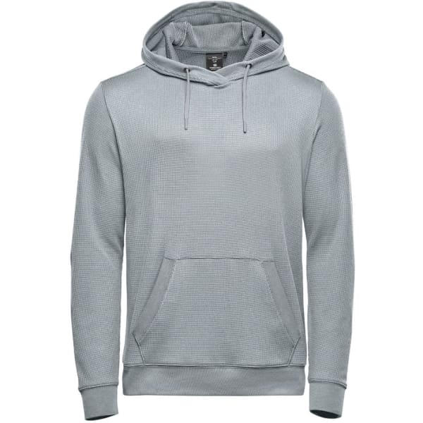 A light grey hoodie with a front pocket and a hood, featuring a logo on the chest.