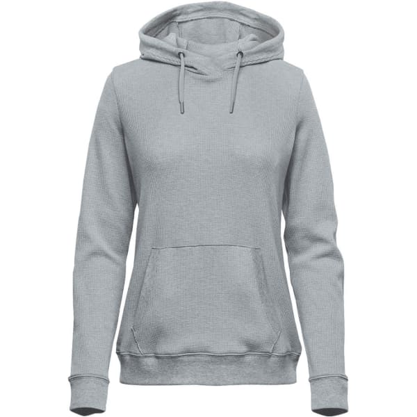 A light grey women's hoodie with a front pocket and drawstring hood. Features a logo on the front.